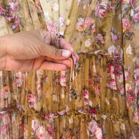 Anthropologie OPT Sheer Tie High Neck Midi Felicity Silk Medium Yellow Floral - Picture 6 of 10